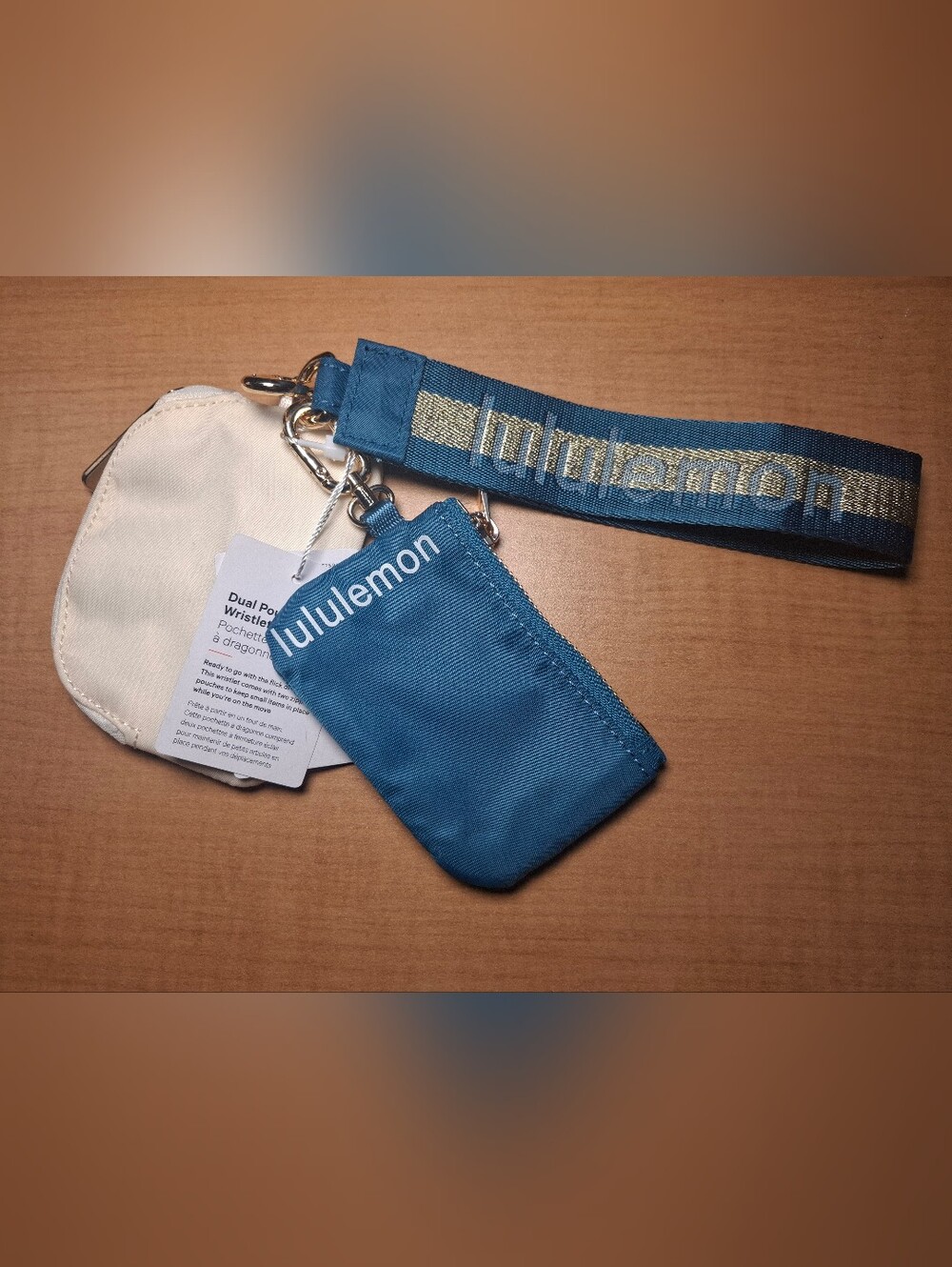 lululemon blue and cream wristlet with gold (brand new)
